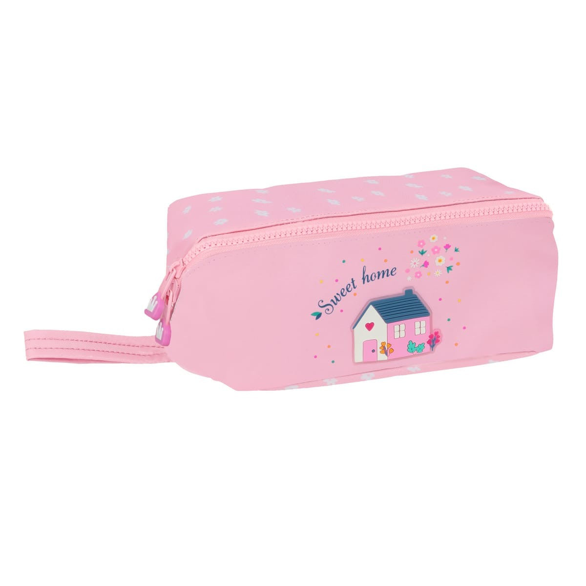 Trousse scolaire rose motif maison avec fermeture éclair et poignée latérale