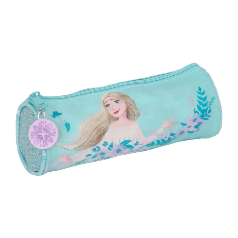 Trousse ronde cylindrique Frozen Elsa bleue et violette avec fermeture zip