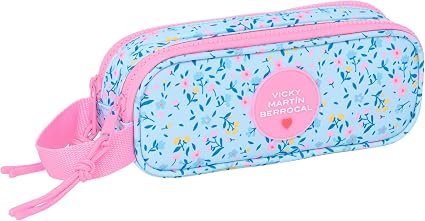 Trousse scolaire 2 zips motif fleur bleu et rose Vicky Martín Berrocal