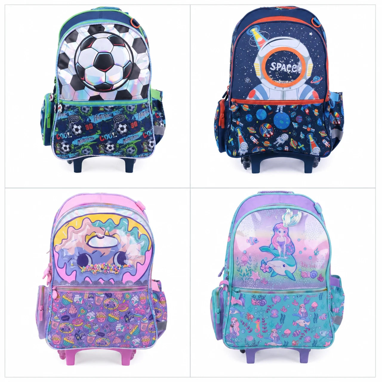 Sac à dos trolley enfant motif football bleu avec roulettes et poche frontale