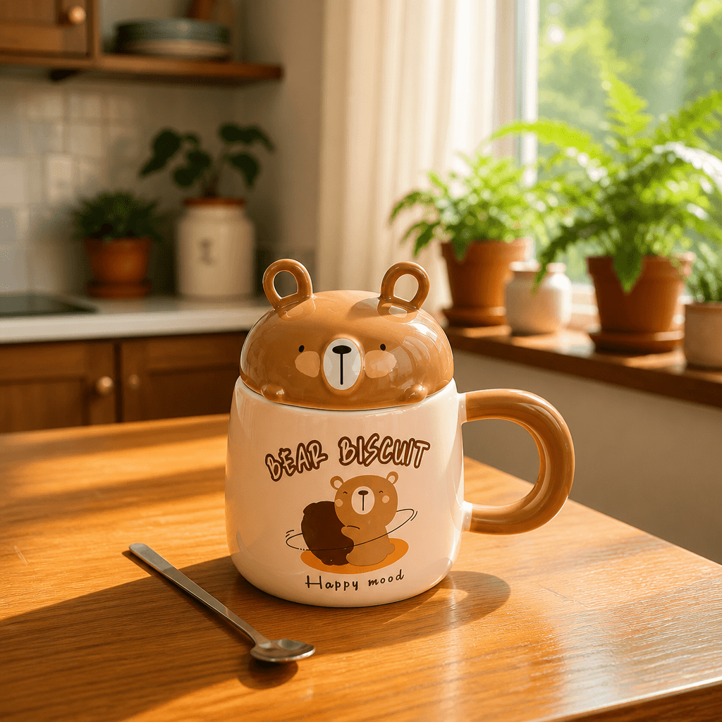 Mug Ourson avec Couvercle et Cuillère – Céramique Bear Biscuit - Librairie Oxford City