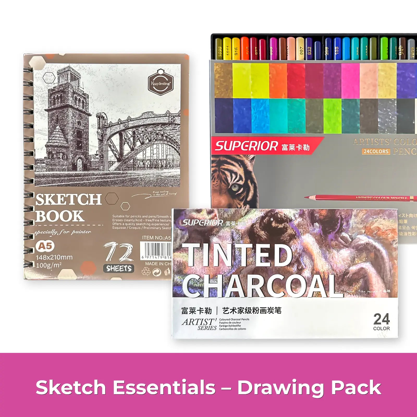 Pack Sketch & Dessin – Crayons Artistiques 24 Couleurs + Carnet Sketch A5 (72 feuilles) - Librairie Oxford City