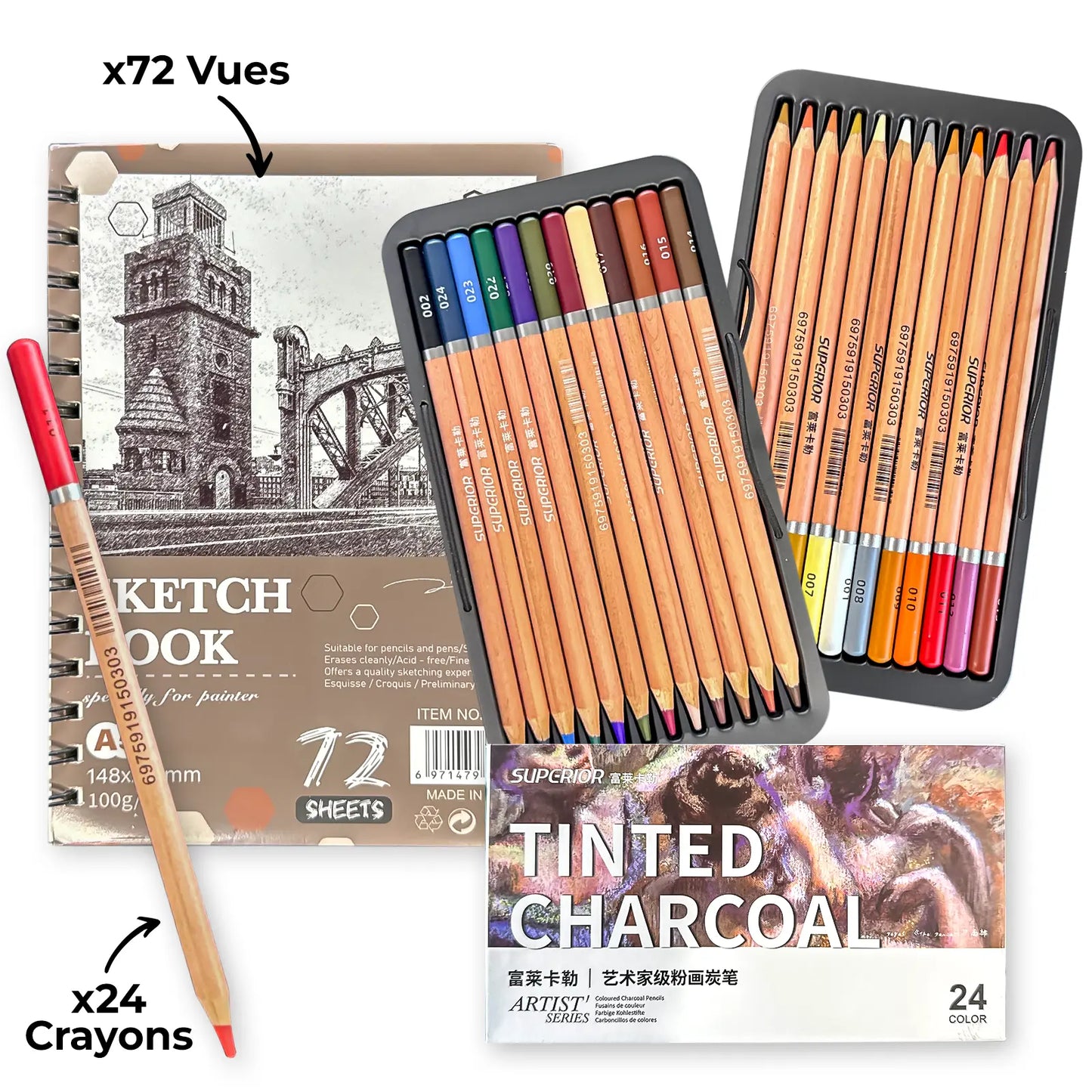 Pack Sketch & Dessin – Crayons Artistiques 24 Couleurs + Carnet Sketch A5 (72 feuilles) - Librairie Oxford City