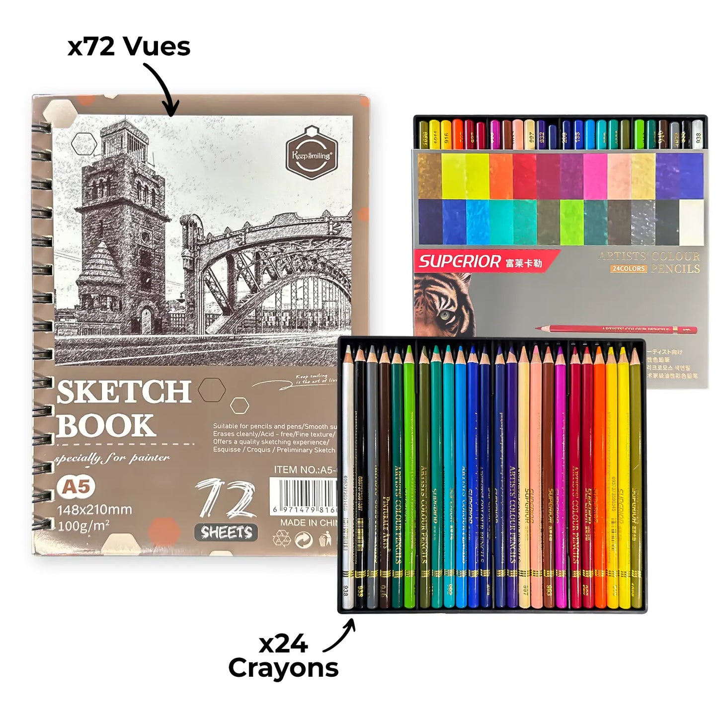 Pack Sketch & Dessin – Crayons Artistiques 24 Couleurs + Carnet Sketch A5 (72 feuilles) - Librairie Oxford City