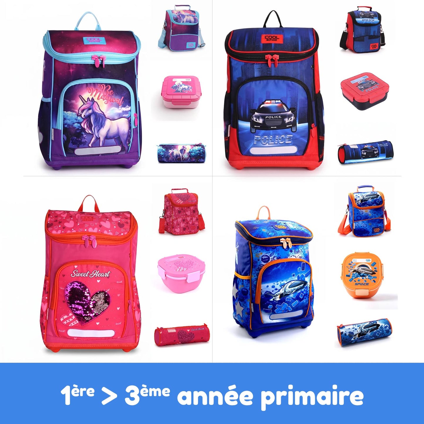 Pack 4 Pièces Cool School – Sac à Dos, Porte-Goûter, Trousse & Boîte à Repas