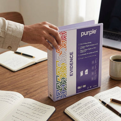 Classeur rigide PVC blanc Purple Evidence à anneaux en D, format A4, disponible en 4 tailles de dos : 40mm, 50mm, 75mm et 90mm — fabriqué en Tunisie