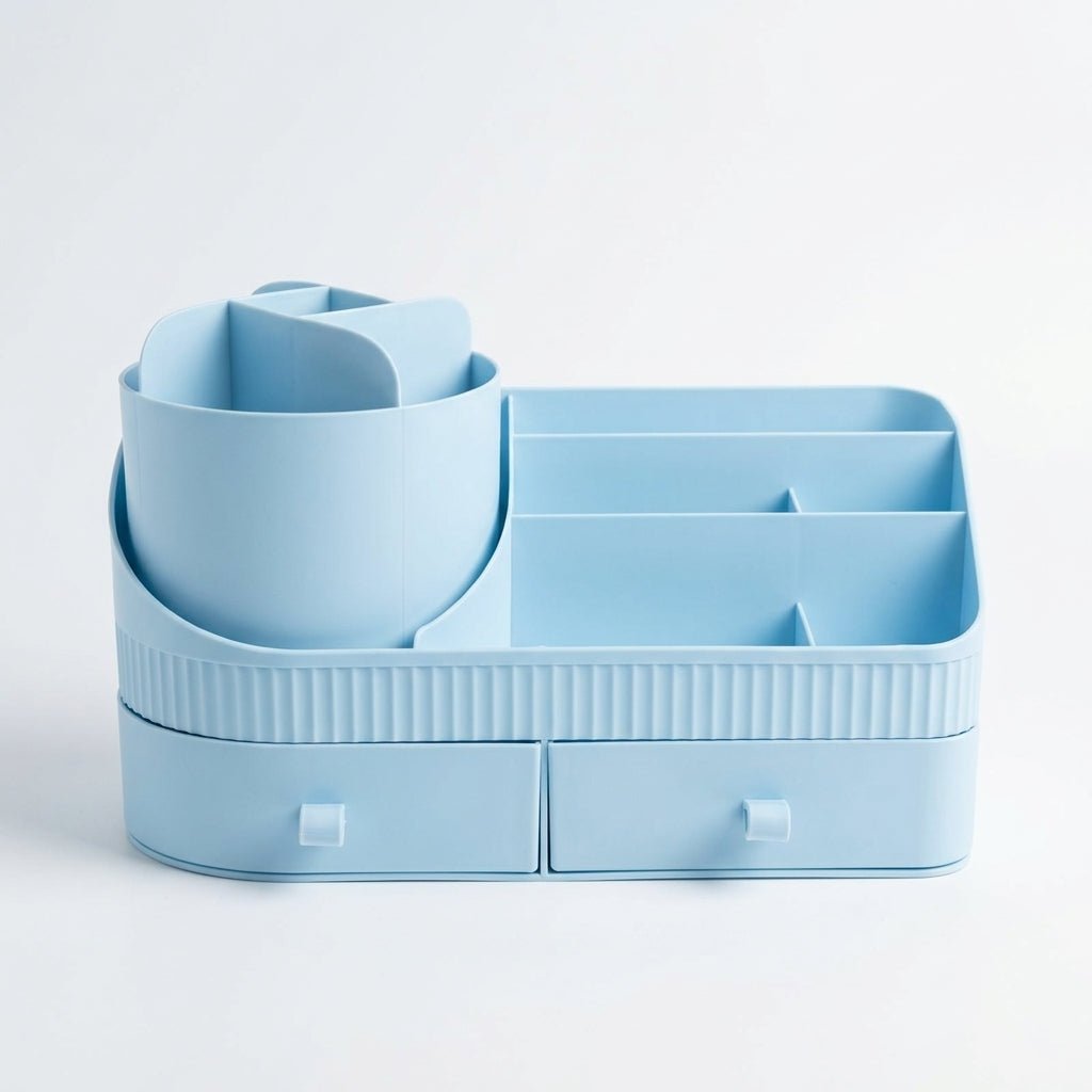 Organiseur de Bureau avec Pot Rotatif, Compartiments et Tiroirs — Beige / Bleu - Librairie Oxford City