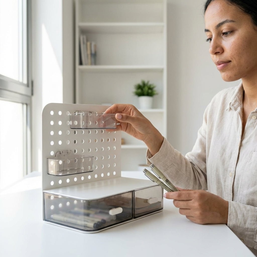 Organiseur de Bureau avec Pegboard et Tiroirs Transparents — Blanc / Beige - Librairie Oxford City