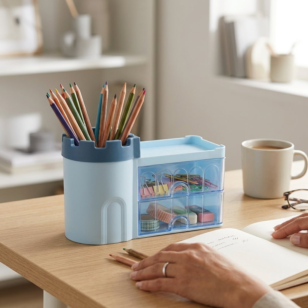 Organiseur de Bureau Château avec Tiroirs — Bleu / Rose / Vert / Violet - Librairie Oxford City