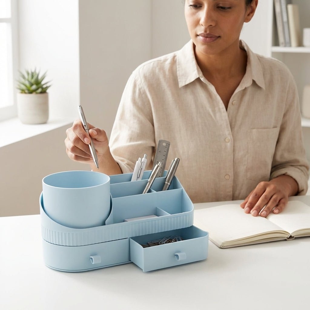 Organiseur de Bureau avec Pot Rotatif, Compartiments et Tiroirs — Beige / Bleu - Librairie Oxford City