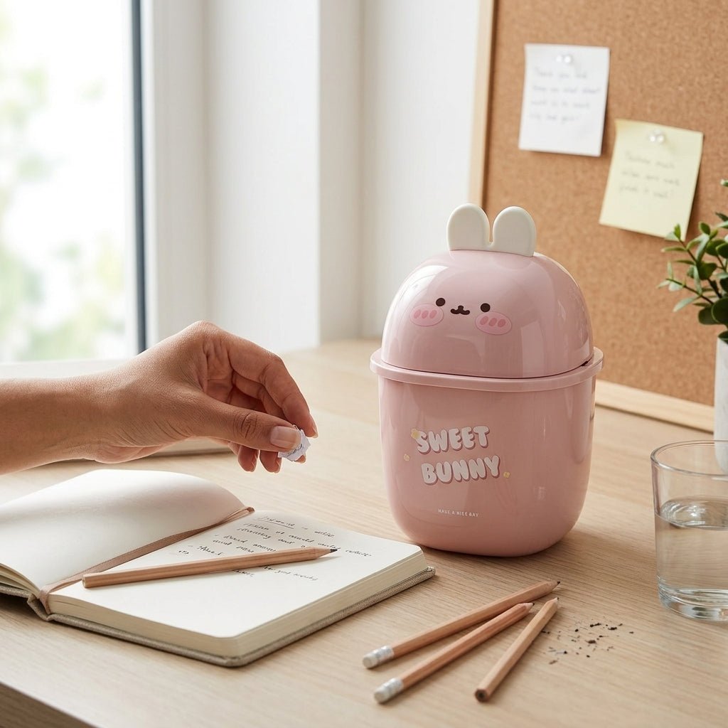 Mini Corbeille de Bureau Lapin Kawaii — Rose - Librairie Oxford City