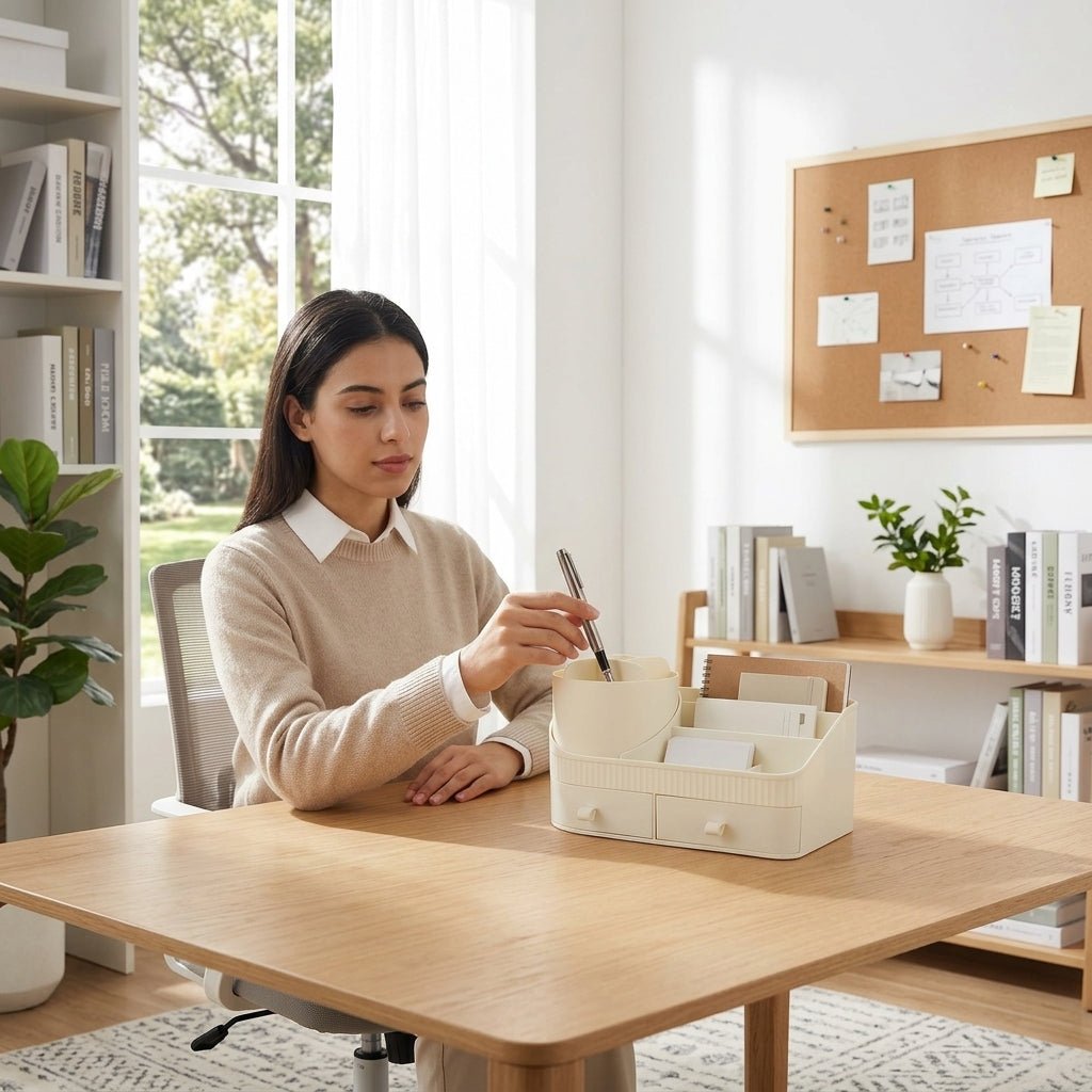 Organiseur de Bureau avec Pot Rotatif, Compartiments et Tiroirs — Beige / Bleu - Librairie Oxford City