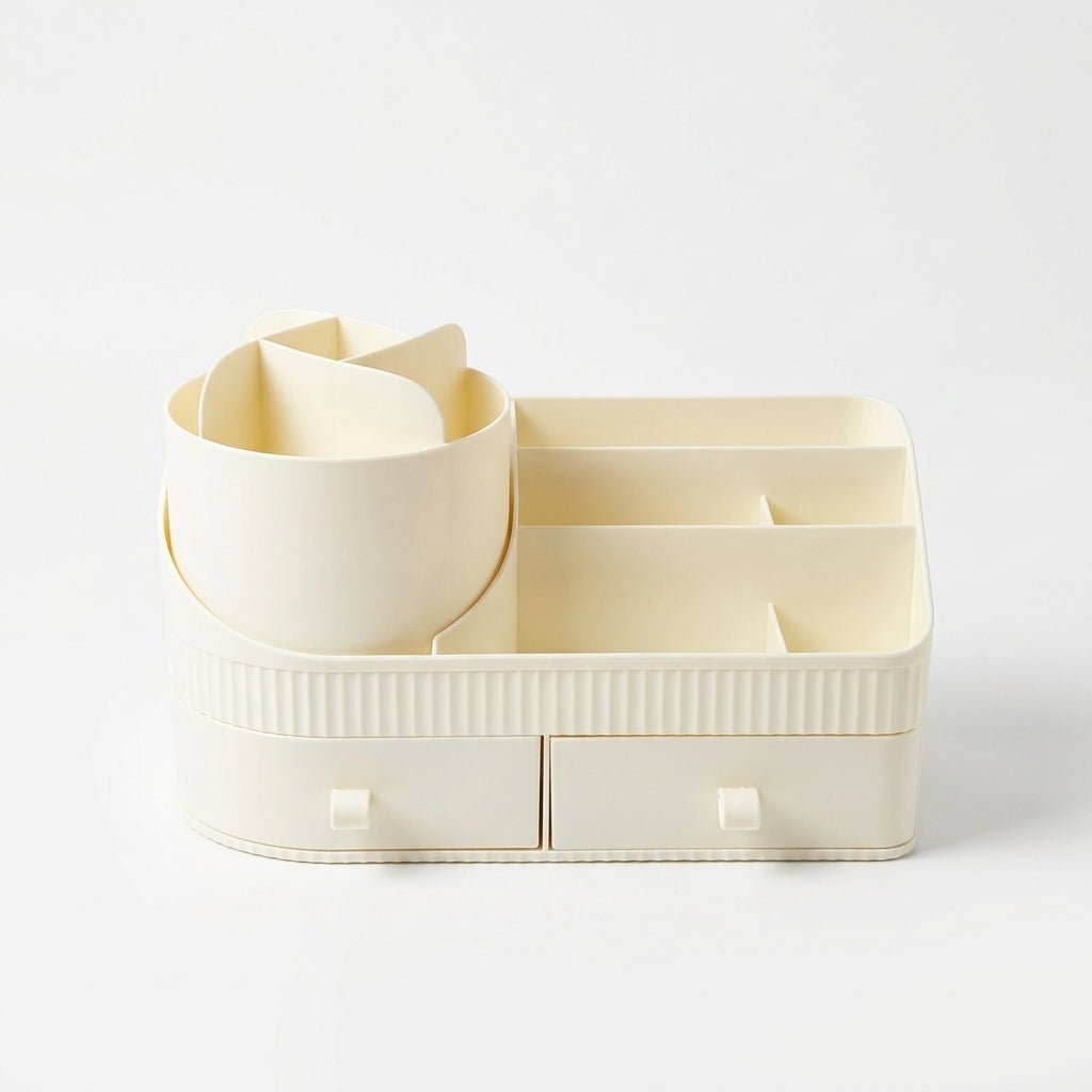 Organiseur de Bureau avec Pot Rotatif, Compartiments et Tiroirs — Beige / Bleu - Librairie Oxford City