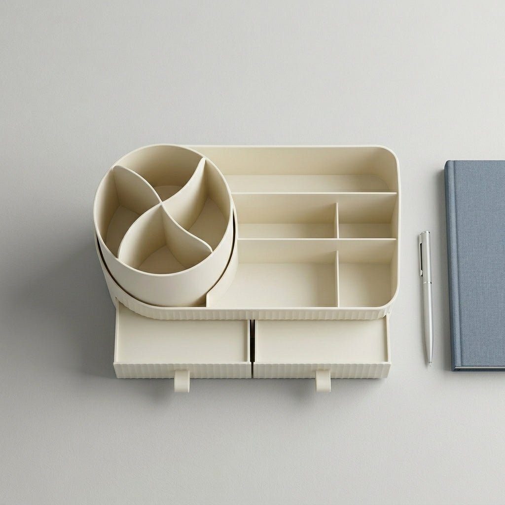 Organiseur de Bureau avec Pot Rotatif, Compartiments et Tiroirs — Beige / Bleu - Librairie Oxford City