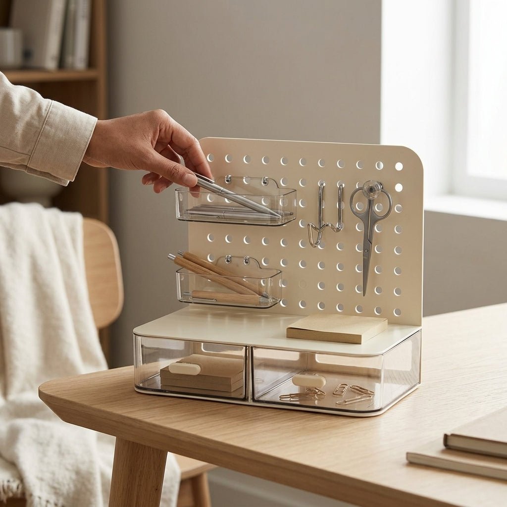 Organiseur de Bureau avec Pegboard et Tiroirs Transparents — Blanc / Beige - Librairie Oxford City