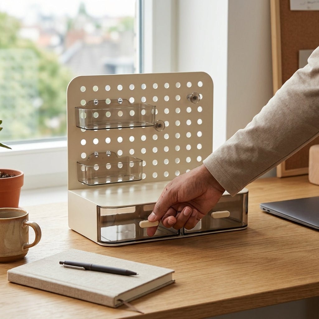 Organiseur de Bureau avec Pegboard et Tiroirs Transparents — Blanc / Beige - Librairie Oxford City