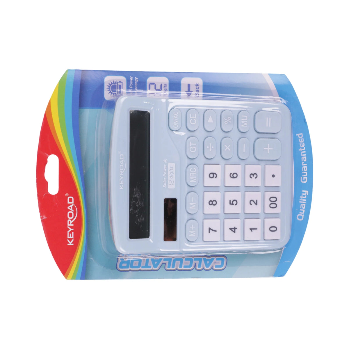 Calculatrice Keyroad bleue et blanche à énergie solaire, 12 chiffres