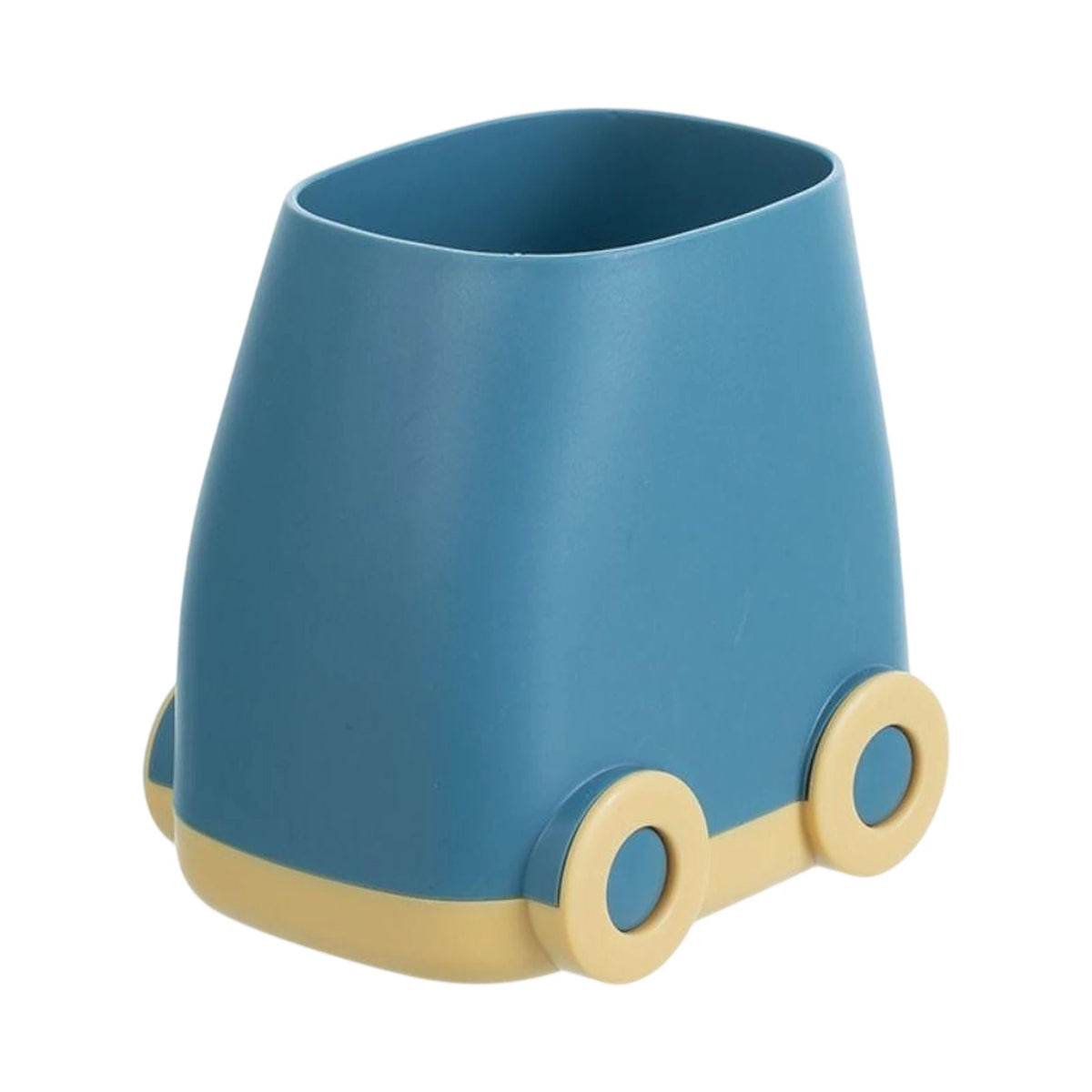 Pot à stylo en plastique forme voiture bleu et beige avec roues décoratives