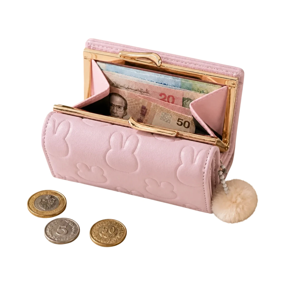 Portefeuille Enfant Lapin en Relief avec Pompon — Rose