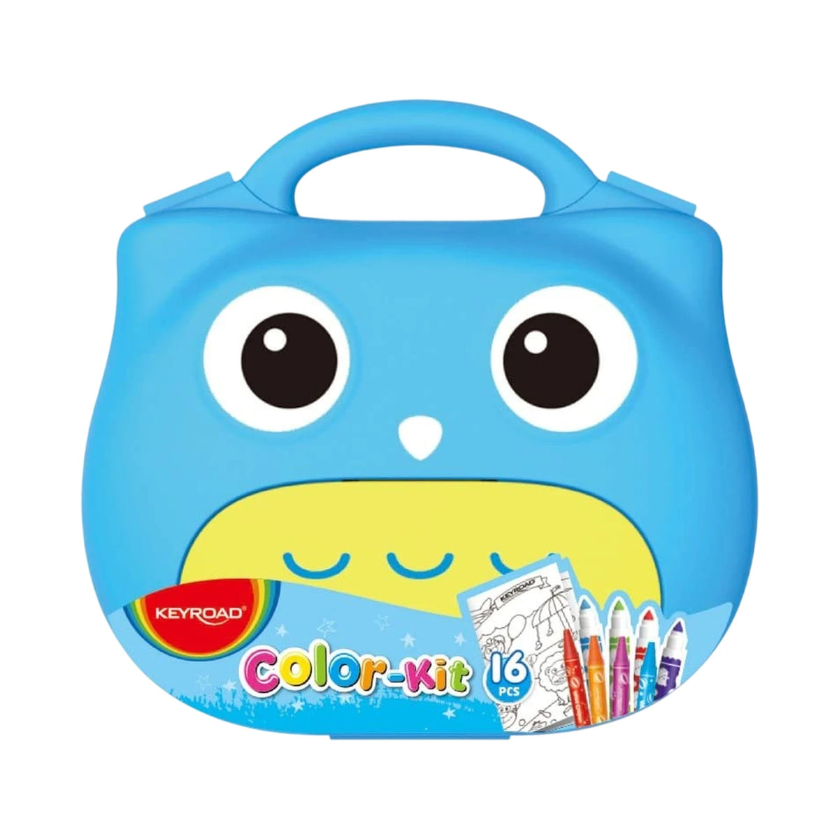 Valisette de coloriage Keyroad 16 pièces motif hibou bleu et jaune avec poignée