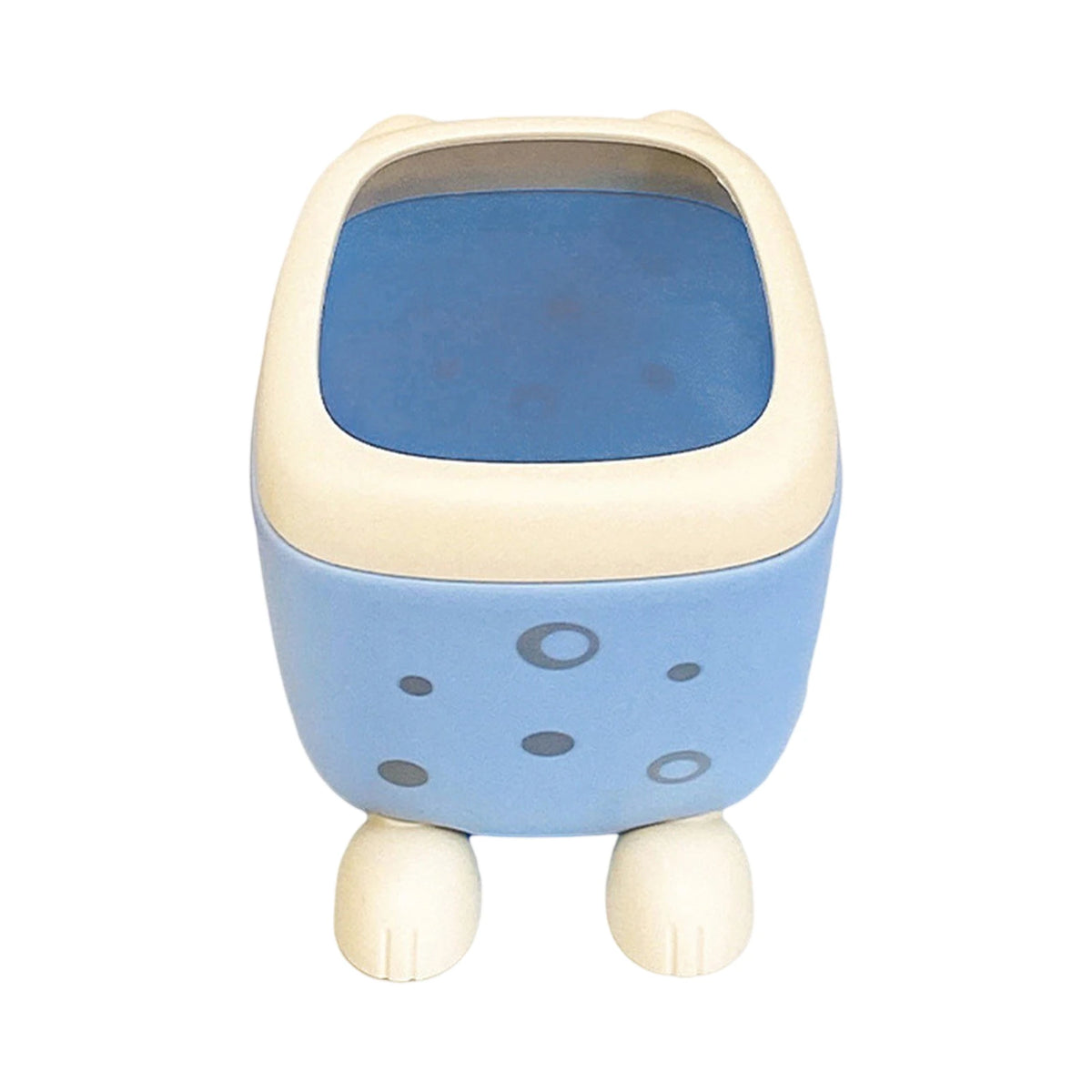 Pot à stylos en plastique bleu et blanc avec pieds et motifs circulaires