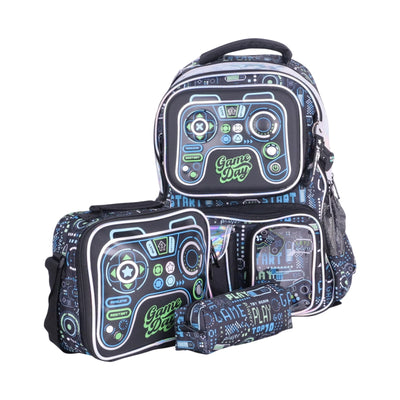 Ensemble cartable JasmineStar 3 pièces noir vert bleu avec trousse et sac repas