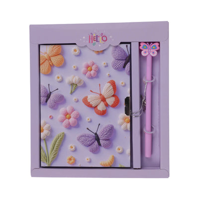 Coffret notebook Hello avec cadenas et stylo fantaisie papillon, couleurs violet rose orange