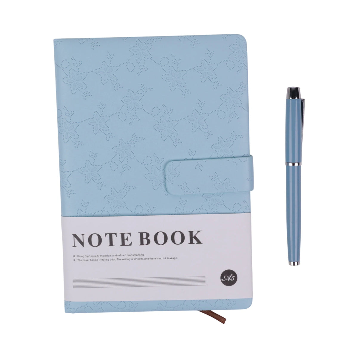 Coffret notebook A5 bleu et blanc avec stylo et fermeture élastique