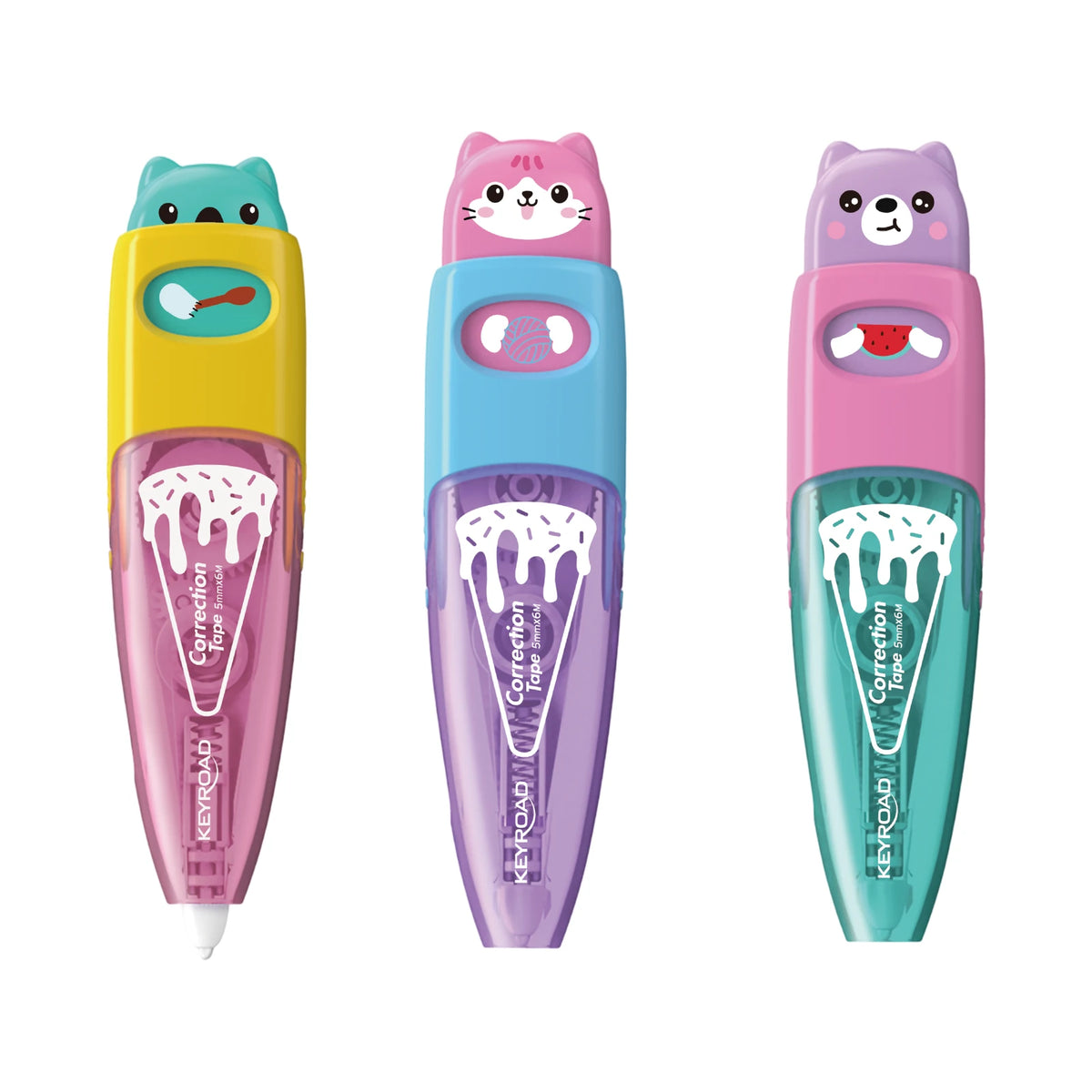 Correcteurs à ruban Keyroad Bounce Buddies en jaune, rose et bleu avec motifs fantaisie