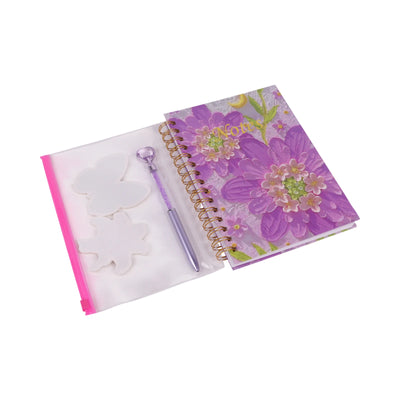 Notebook A5 spirale couverture fantaisie violet et rose avec pochette zippée et stylo