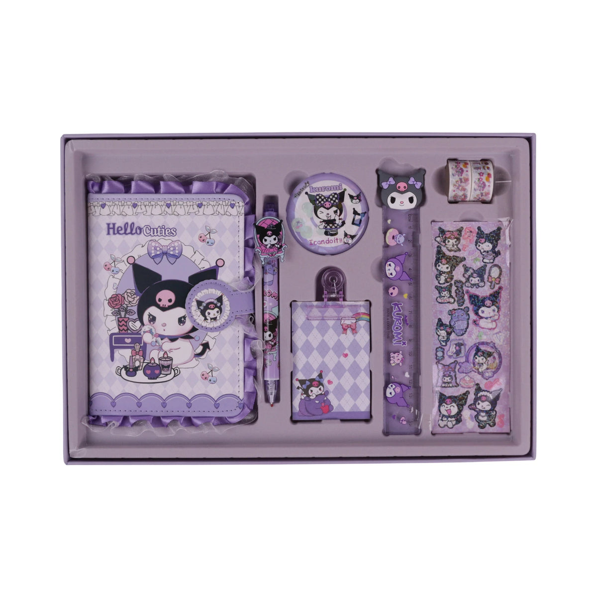 Set papeterie Kuromi Sanrio violet et blanc avec cahier, stylo, badge, règle et stickers