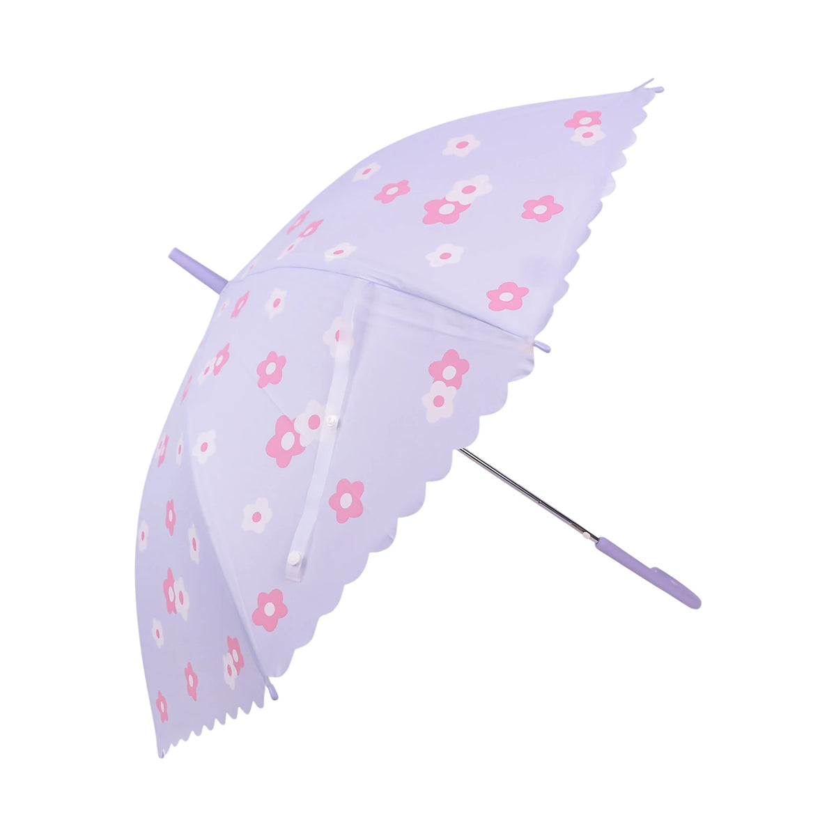 Parapluie bleu clair à motif floral et bords festonnés en polyester
