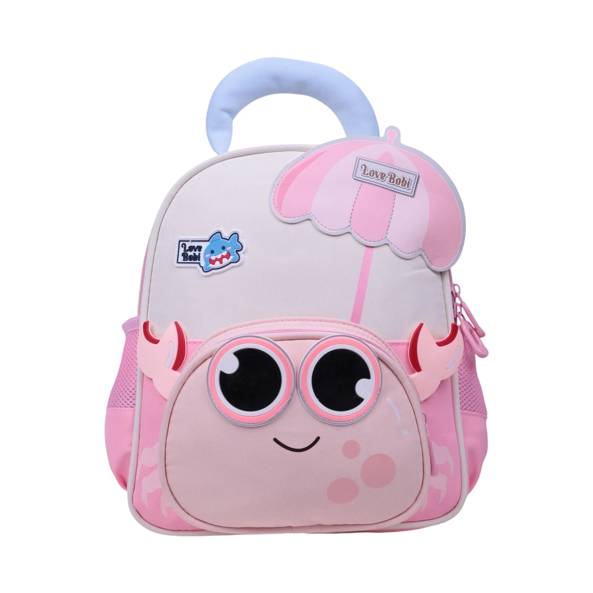 Sac à dos maternelle Love Bobi motif crabe, coloris rose, blanc et bleu