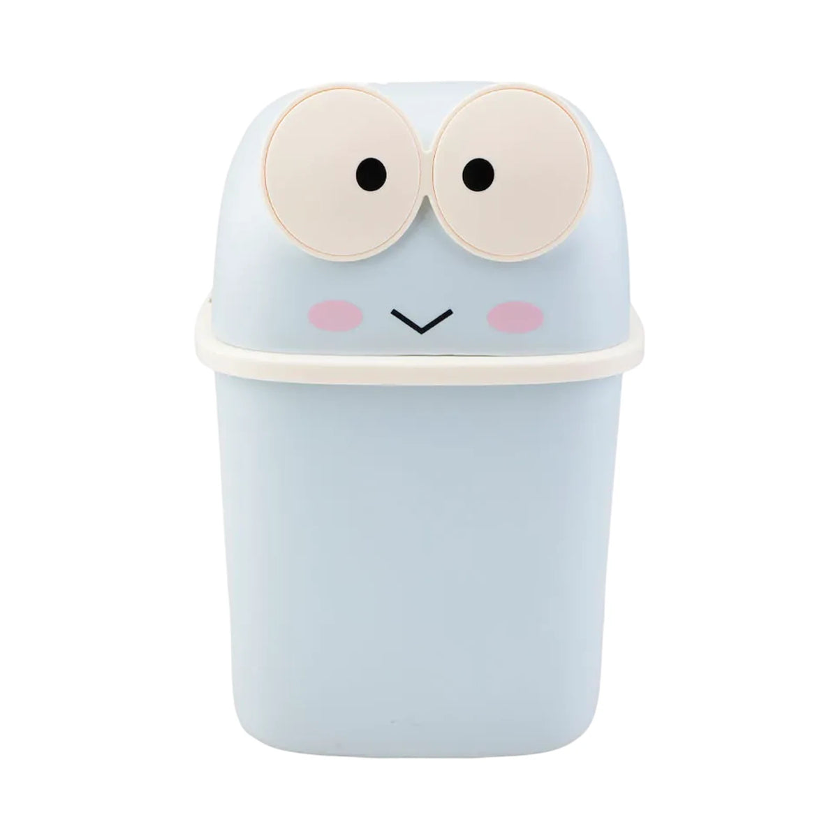 Corbeille à papier bureau en plastique avec couvercle, design visage, coloris bleu blanc rose