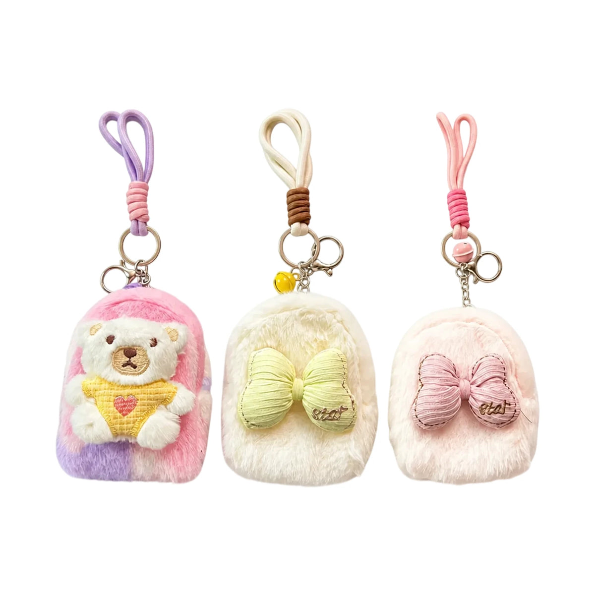 Porte-clés peluche rose et blanc avec nœud décoratif et cordon rose