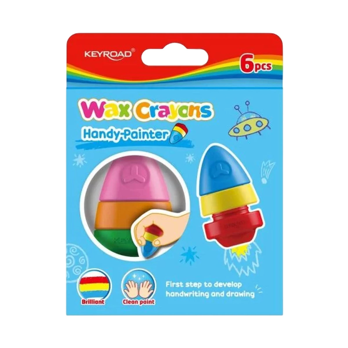 Lot de 6 crayons wax Keyroad Handy-Painter en bleu, rouge et jaune