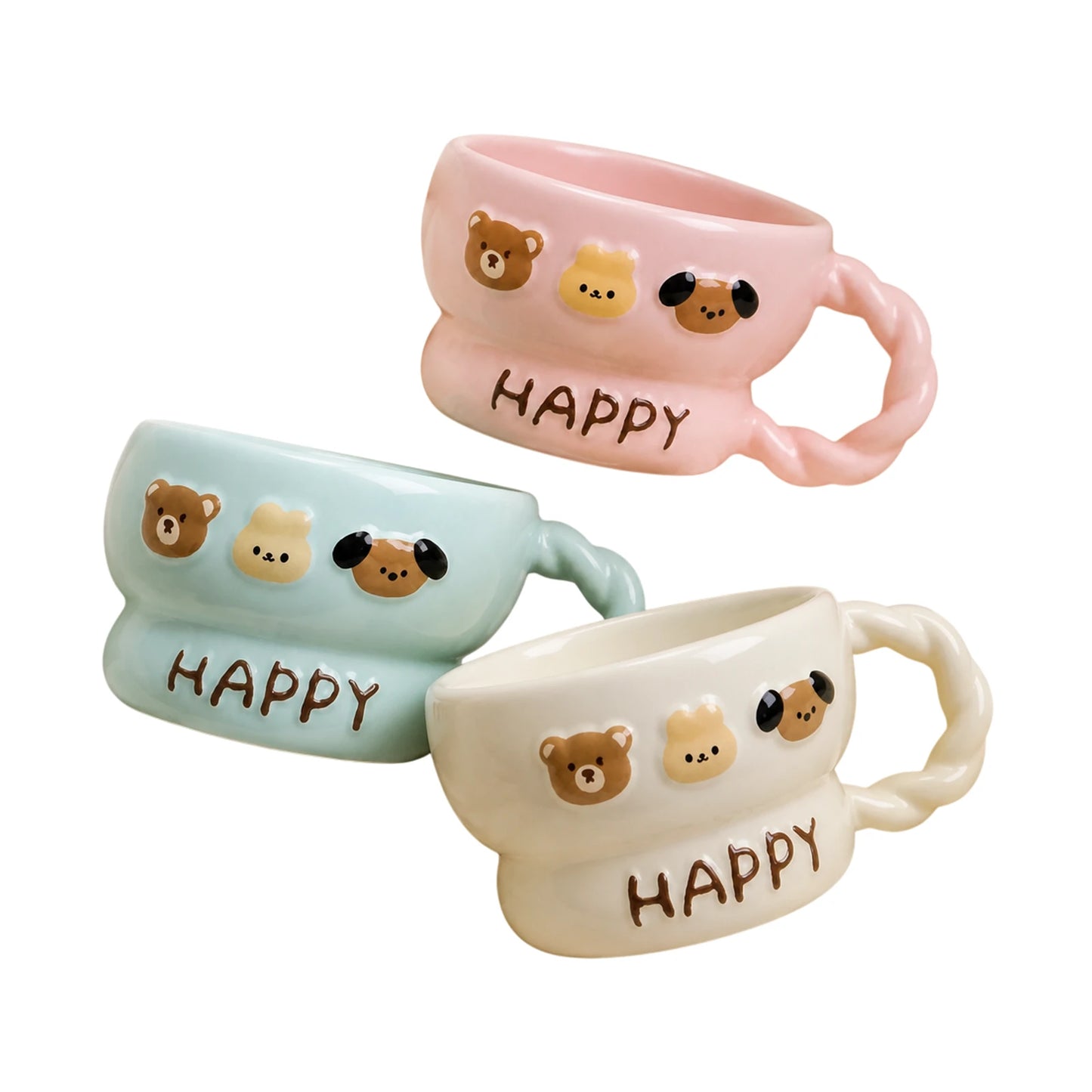 Mug en céramique Happy avec motifs animaux ours chat chien et anse torsadée