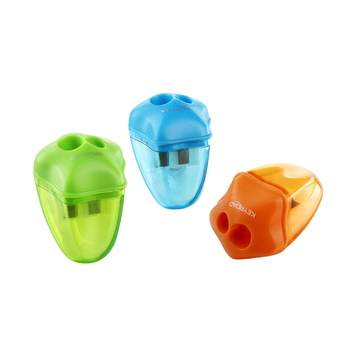 Taille-crayon double trou Keyroad avec réservoir transparent, coloris vert, bleu et orange