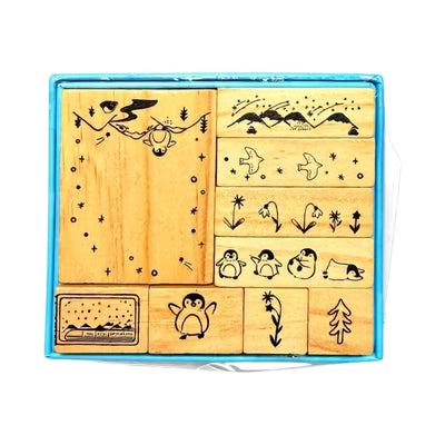 Coffret de 10 tampons en bois motifs variés avec boîte de rangement