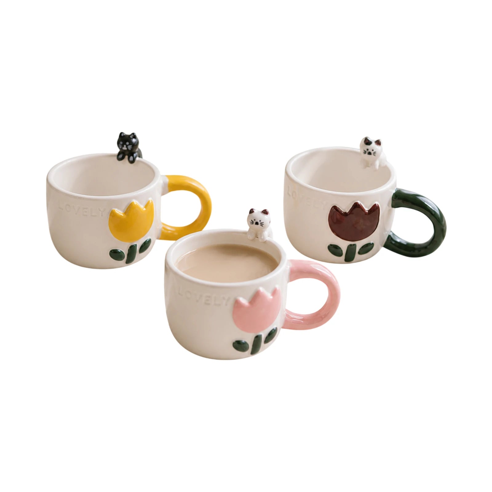Mug en céramique blanc avec motif chat et fleurs roses et vertes