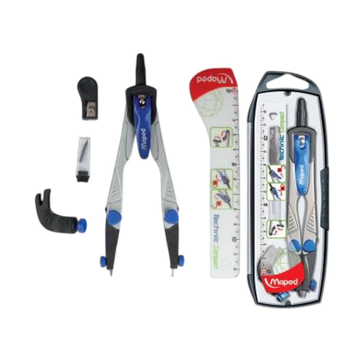 Compas Maped Technic Compact set 4 pièces bleu et gris avec accessoires