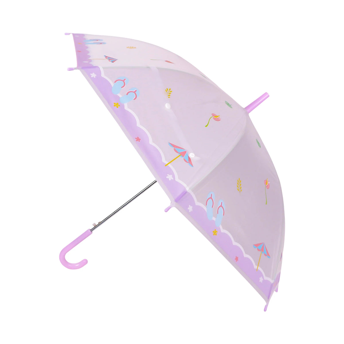 Parapluie enfant transparent avec imprimés décoratifs et manche courbé, coloris violet