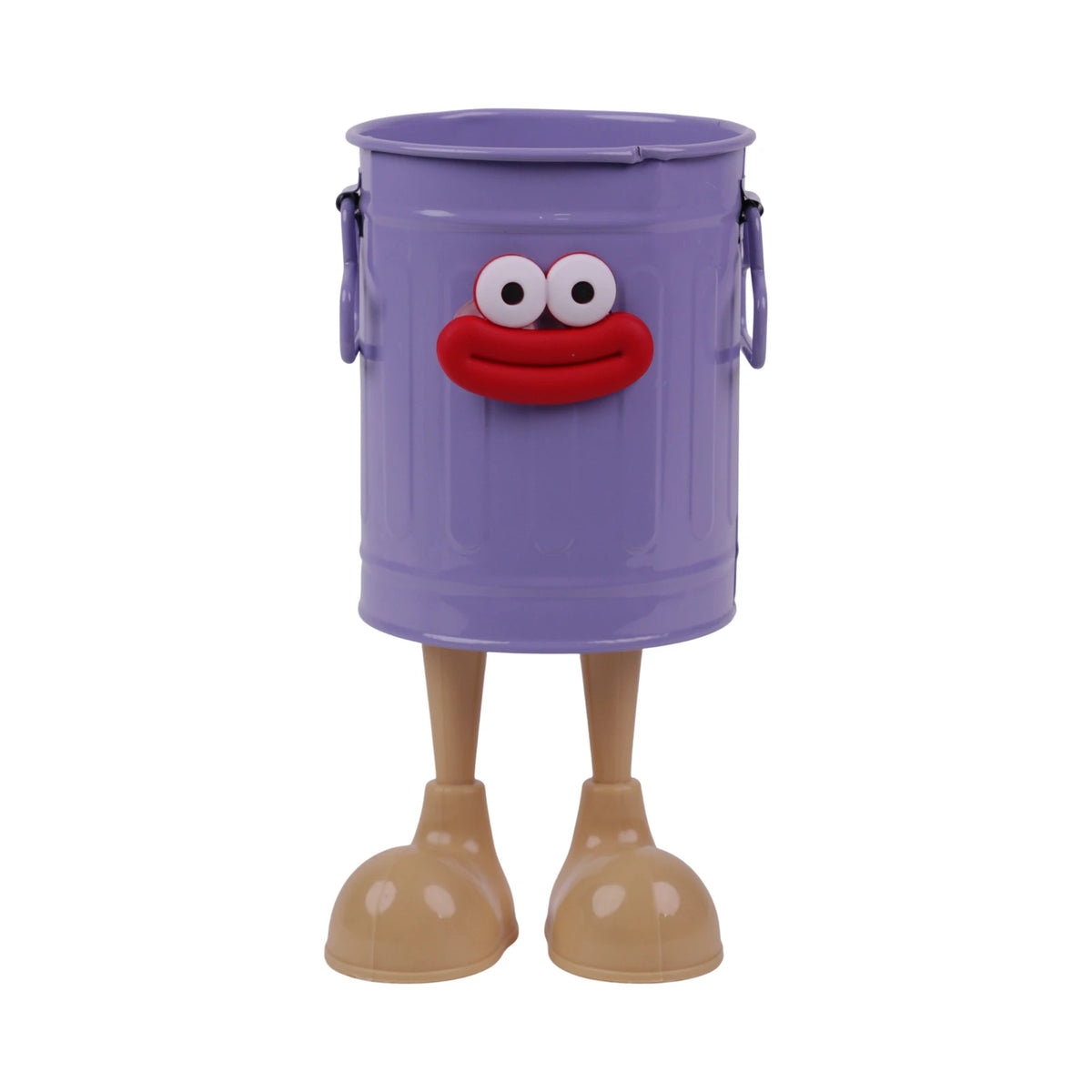 Pot à stylos enfant en plastique violet rouge et beige avec visage décoratif et pieds chaussures
