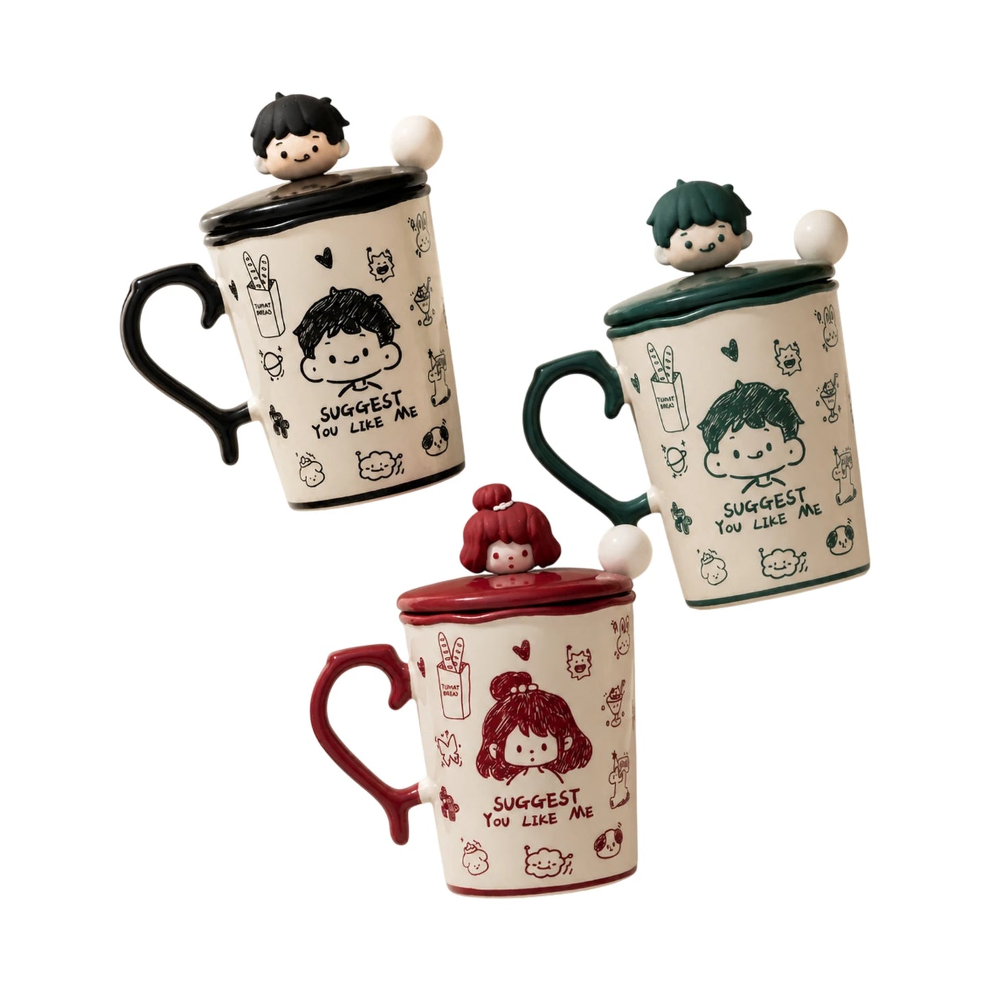 Mug en céramique noir et blanc avec couvercle personnage cartoon et anse