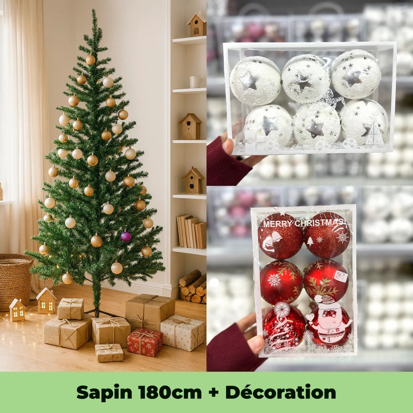 Pack Sapin 180cm – Rouge & Blanc (Décoration Incluse) - Librairie Oxford City