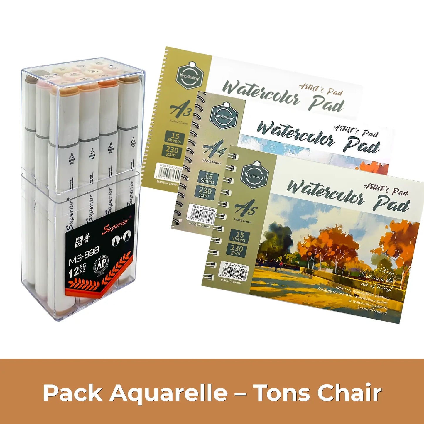 Pack Aquarelle Professionnel – Feutres Aquarellables Double Pointe + Carnet Watercolor 230 g/m² (A5, A4 ou A3) - Librairie Oxford City