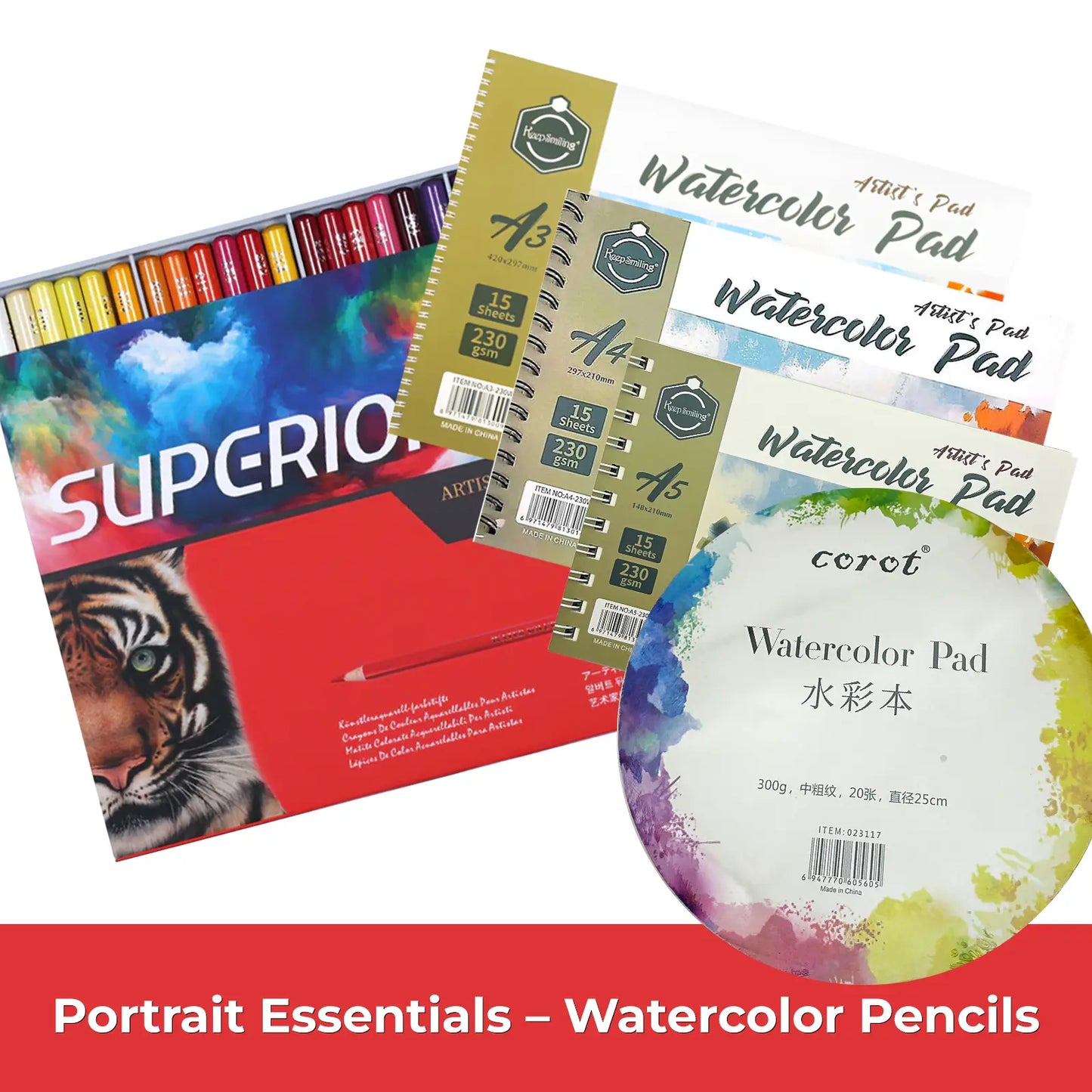 Pack Portrait Aquarelle – Crayons Aquarellables 24 Couleurs + Carnet Watercolor 230 g/m² (A5, A4, A3 ou Rond) - Librairie Oxford City