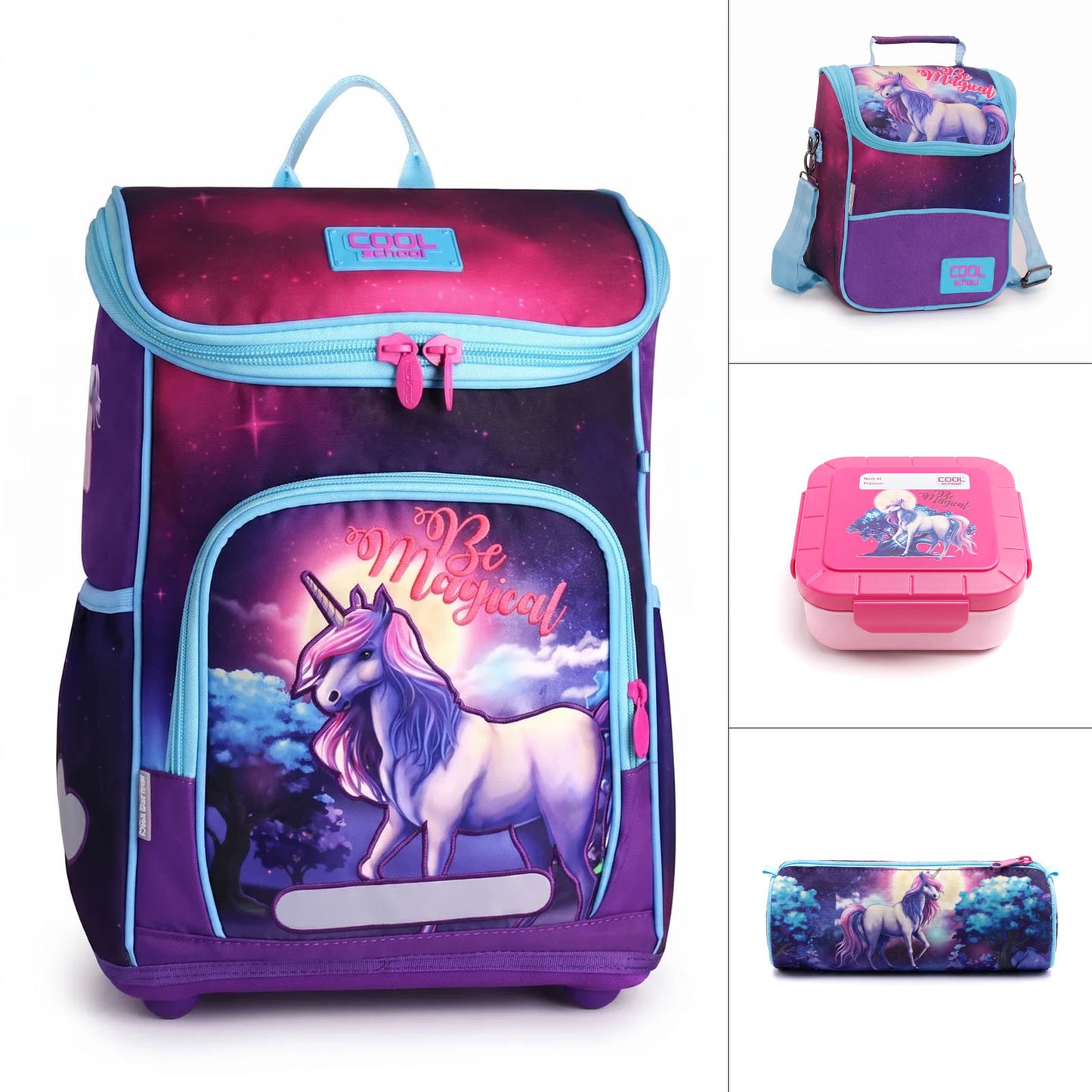 Pack 4 Pièces Cool School – Sac à Dos, Porte-Goûter, Trousse & Boîte à Repas
