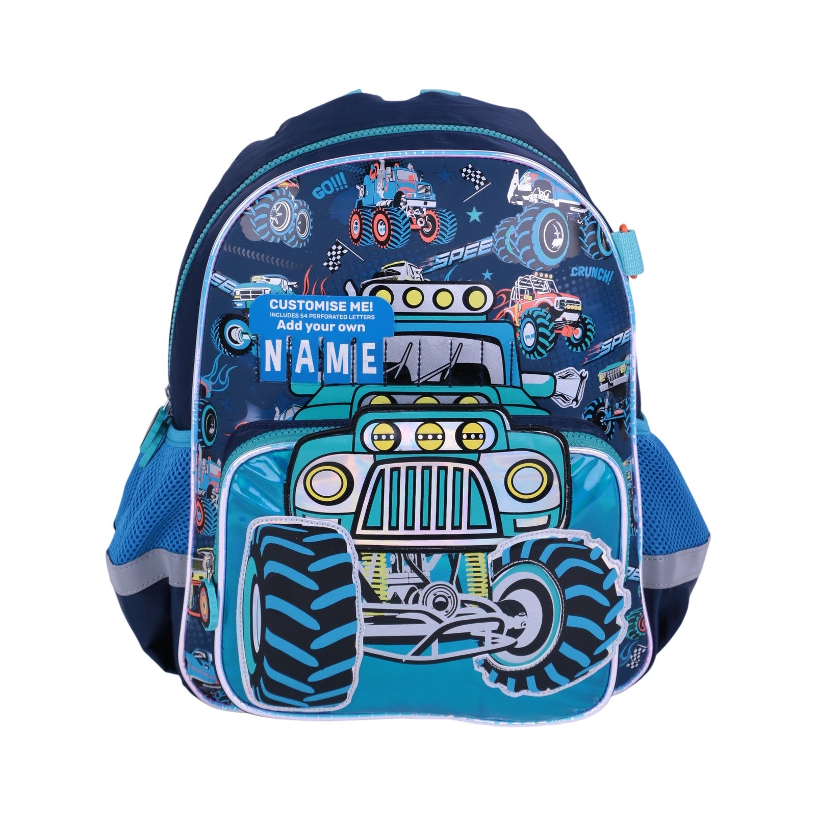 Sac à dos enfant Vest Monster Truck bleu et noir avec poche frontale