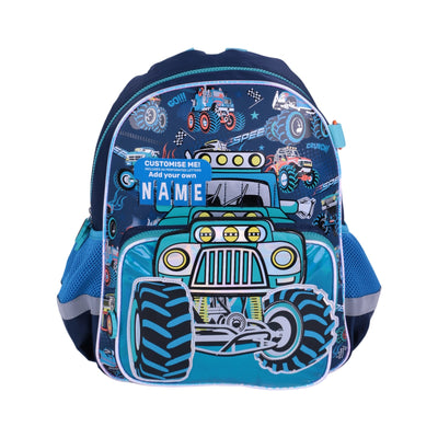 Sac à dos enfant Vest Monster Truck bleu et noir avec poche frontale